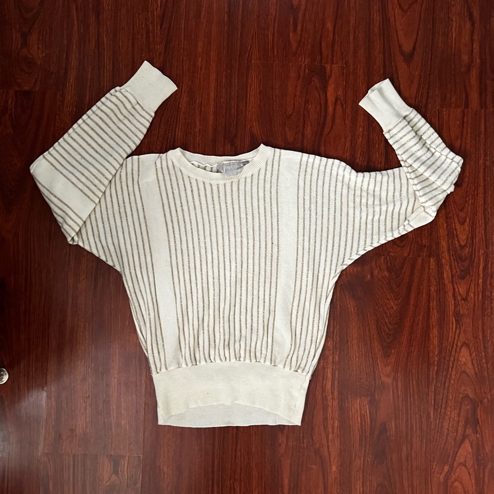 Vintage 1980s disco sweater, white with gold metallic stripes, dolman sleeves, S